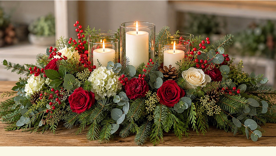 A grand and traditional looking centerpiece with evergreens, berries, pinecones, flowers and warm glowing candles 