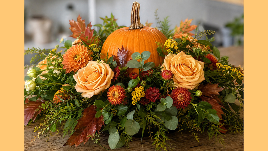 Rich autumn florals surrounding a plump pumpkin